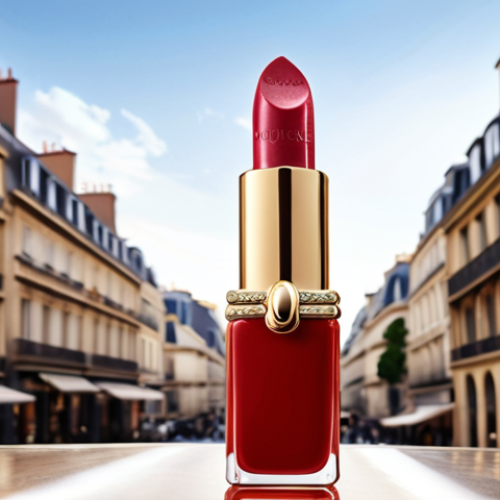 **

A luxurious close-up shot showcasing the "Rouge Guerlain" lipstick. The focus is on the refillable, elegant gold packaging. Soft, diffused light highlights the lipstick's satin finish and the brand's French sophistication. In the background, a blurred Parisian scene hints at the brand's heritage. The overall feeling is one of opulence and timeless beauty, appealing to a sophisticated Arab woman.

**
