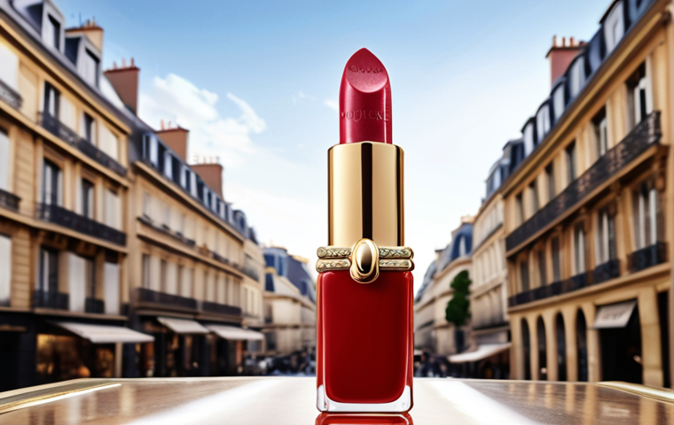 **

A luxurious close-up shot showcasing the "Rouge Guerlain" lipstick. The focus is on the refillable, elegant gold packaging. Soft, diffused light highlights the lipstick's satin finish and the brand's French sophistication. In the background, a blurred Parisian scene hints at the brand's heritage. The overall feeling is one of opulence and timeless beauty, appealing to a sophisticated Arab woman.

**