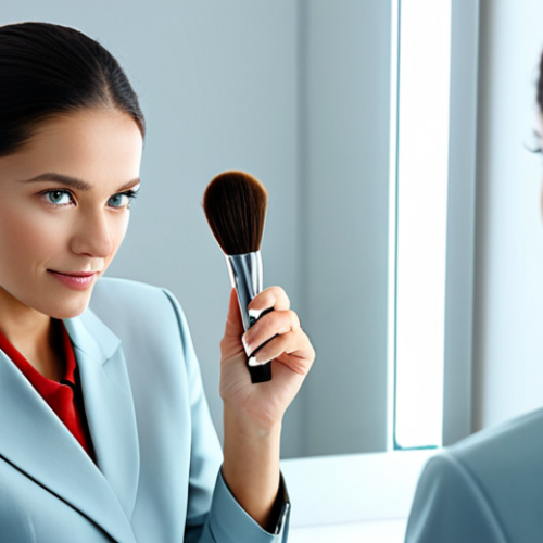 A professional woman with a confident expression, dressed in a modest business suit, fully clothed, appropriate attire, professional dress. She is gently dabbing translucent matte powder on her T-zone with a soft, large brush, looking into a sleek, modern vanity mirror. The setting is a brightly lit, clean beauty studio with a minimalist background. Emphasize a flawless, velvety, non-shiny complexion. Perfect anatomy, correct proportions, natural pose, well-formed hands, proper finger count, natural body proportions, professional photography, high-resolution, sharp focus, neutral lighting, safe for work, appropriate content, fully clothed, professional, modest.