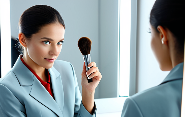A professional woman with a confident expression, dressed in a modest business suit, fully clothed, appropriate attire, professional dress. She is gently dabbing translucent matte powder on her T-zone with a soft, large brush, looking into a sleek, modern vanity mirror. The setting is a brightly lit, clean beauty studio with a minimalist background. Emphasize a flawless, velvety, non-shiny complexion. Perfect anatomy, correct proportions, natural pose, well-formed hands, proper finger count, natural body proportions, professional photography, high-resolution, sharp focus, neutral lighting, safe for work, appropriate content, fully clothed, professional, modest.