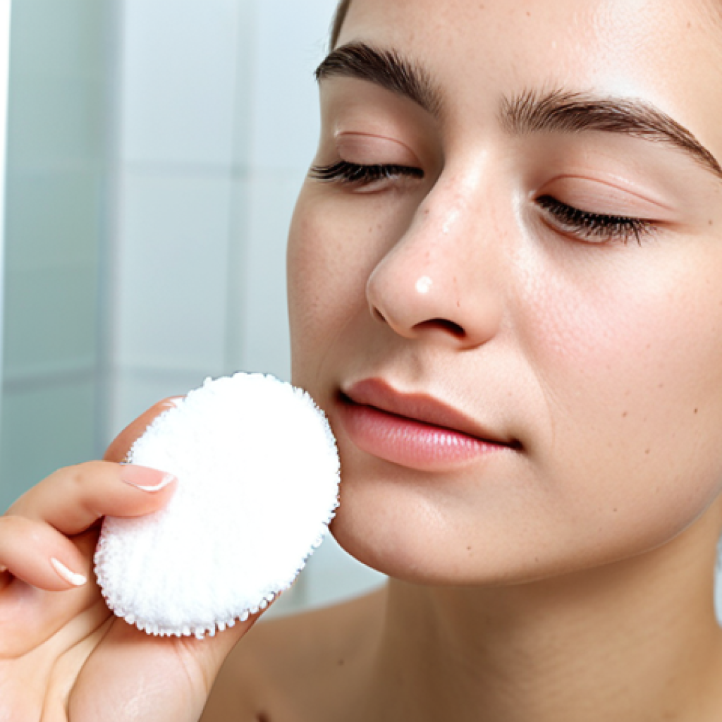 A serene woman, fully clothed in a modest, soft-colored top, in a clean, brightly lit modern bathroom. She is gently holding a soft, white cotton pad to her closed eyelid, carefully removing eye makeup. Her movements are delicate and precise, emphasizing a gentle touch. The scene is well-lit, with soft, natural light highlighting the professional and careful action. perfect anatomy, correct proportions, natural pose, well-formed hands, proper finger count, natural body proportions, high-quality, professional photography, safe for work, appropriate content, modest clothing.