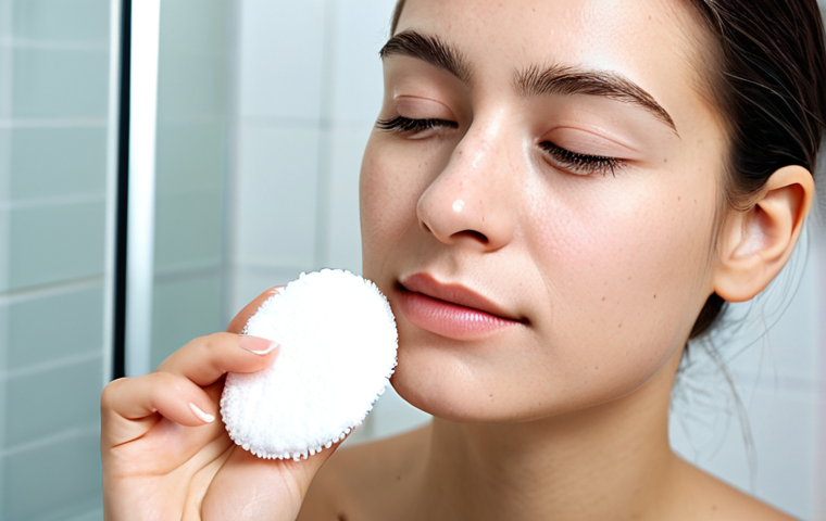 A serene woman, fully clothed in a modest, soft-colored top, in a clean, brightly lit modern bathroom. She is gently holding a soft, white cotton pad to her closed eyelid, carefully removing eye makeup. Her movements are delicate and precise, emphasizing a gentle touch. The scene is well-lit, with soft, natural light highlighting the professional and careful action. perfect anatomy, correct proportions, natural pose, well-formed hands, proper finger count, natural body proportions, high-quality, professional photography, safe for work, appropriate content, modest clothing.
