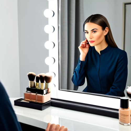 Focus on Skincare & Foundation Choice**

A woman with flawless, fully clothed, modest attire, professional makeup, carefully examining different foundation shades in a well-lit vanity mirror setting, appropriate content, safe for work, perfect anatomy, natural proportions, high-resolution photo, focusing on skincare routine.

**
