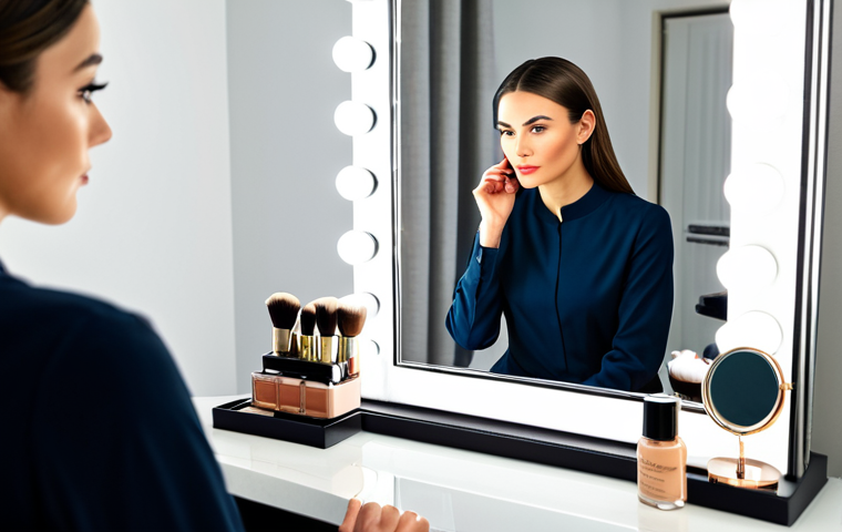 Focus on Skincare & Foundation Choice**

A woman with flawless, fully clothed, modest attire, professional makeup, carefully examining different foundation shades in a well-lit vanity mirror setting, appropriate content, safe for work, perfect anatomy, natural proportions, high-resolution photo, focusing on skincare routine.

**