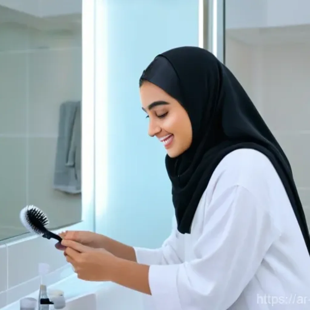 메이크업 디바이스 추천  브러쉬 클리너 - **Prompt:** A cheerful young Arab woman, around 25 years old, with soft, natural makeup and a comfor...