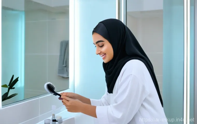 메이크업 디바이스 추천  브러쉬 클리너 - **Prompt:** A cheerful young Arab woman, around 25 years old, with soft, natural makeup and a comfor...