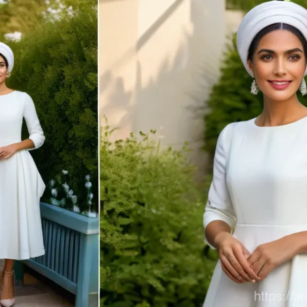 더블웨어 파운데이션과 아르마니 파워 패브릭 비교 - "A poised and confident woman in her early 30s, of Middle Eastern descent, stands gracefully at an u...