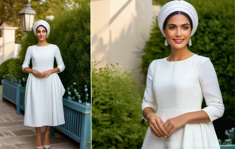 더블웨어 파운데이션과 아르마니 파워 패브릭 비교 - "A poised and confident woman in her early 30s, of Middle Eastern descent, stands gracefully at an u...