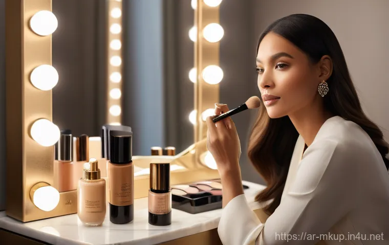 더블웨어 파운데이션과 아르마니 파워 패브릭 비교 - "A split image or diptych presenting two distinct women, each showcasing a unique foundation finish....