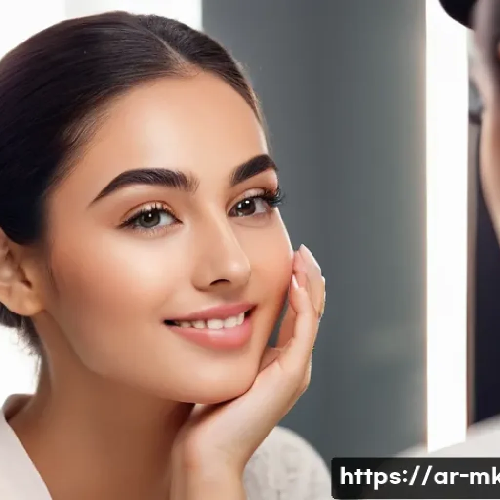 아이섀도우 베이스로 사용하는 컨실러 - **Prompt:** A beautiful young Arab woman, in her early twenties, with a warm smile, seated at a brig...