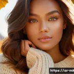 Home 21 가을 메이크업 트렌드 색상 추천 - **Prompt:** A graceful young woman in her late 20s or early 30s is captured in a medium shot, exudin...