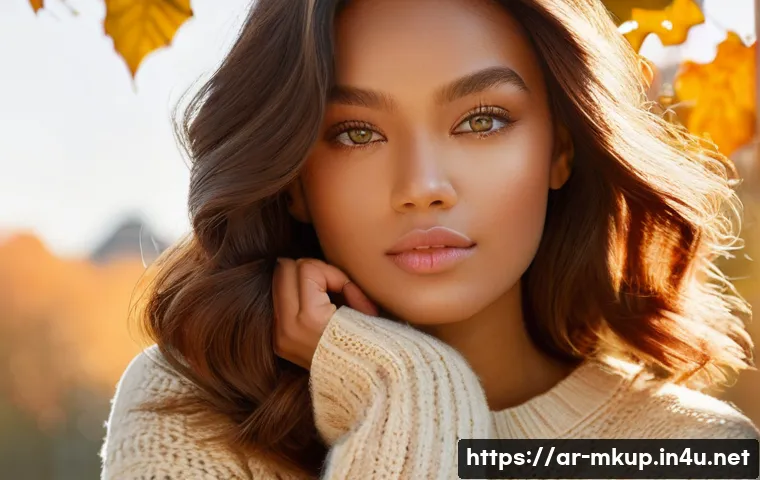 가을 메이크업 트렌드 색상 추천 - **Prompt:** A graceful young woman in her late 20s or early 30s is captured in a medium shot, exudin...