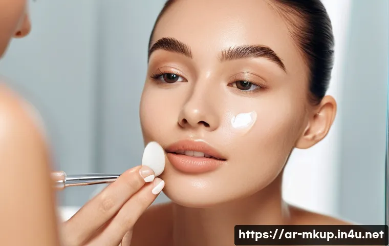 자외선 차단 메이크업 베이스 - **Prompt for Oily/Combination Skin:**
    "A confident young woman, aged 25-30, with a fresh, matte ...