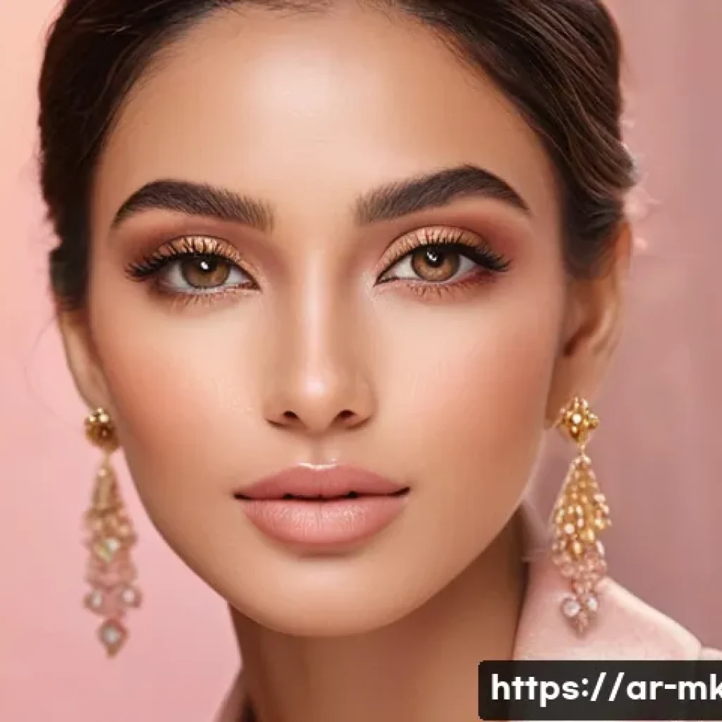 겨울철 핑크톤 메이크업 아이디어 - A sophisticated winter makeup portrait of an Arab woman with warm beige skin tone, wearing soft apri...