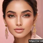 Home 23 겨울철 핑크톤 메이크업 아이디어 - A sophisticated winter makeup portrait of an Arab woman with warm beige skin tone, wearing soft apri...