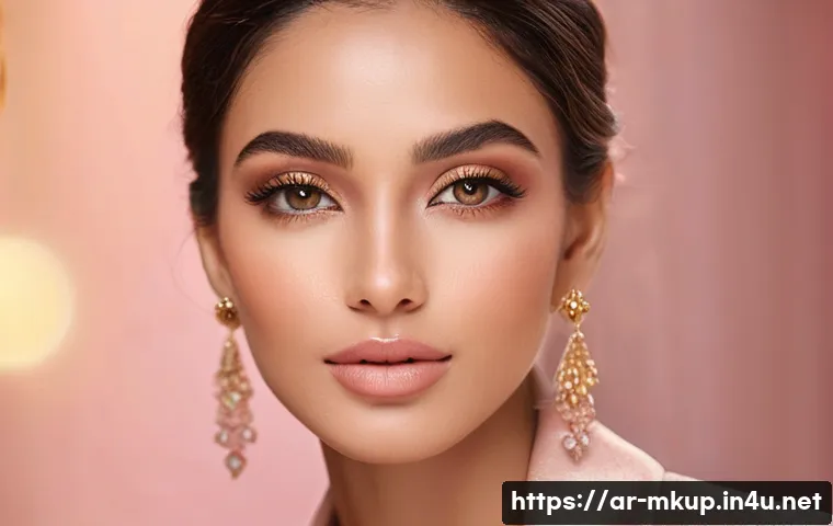 겨울철 핑크톤 메이크업 아이디어 - A sophisticated winter makeup portrait of an Arab woman with warm beige skin tone, wearing soft apri...