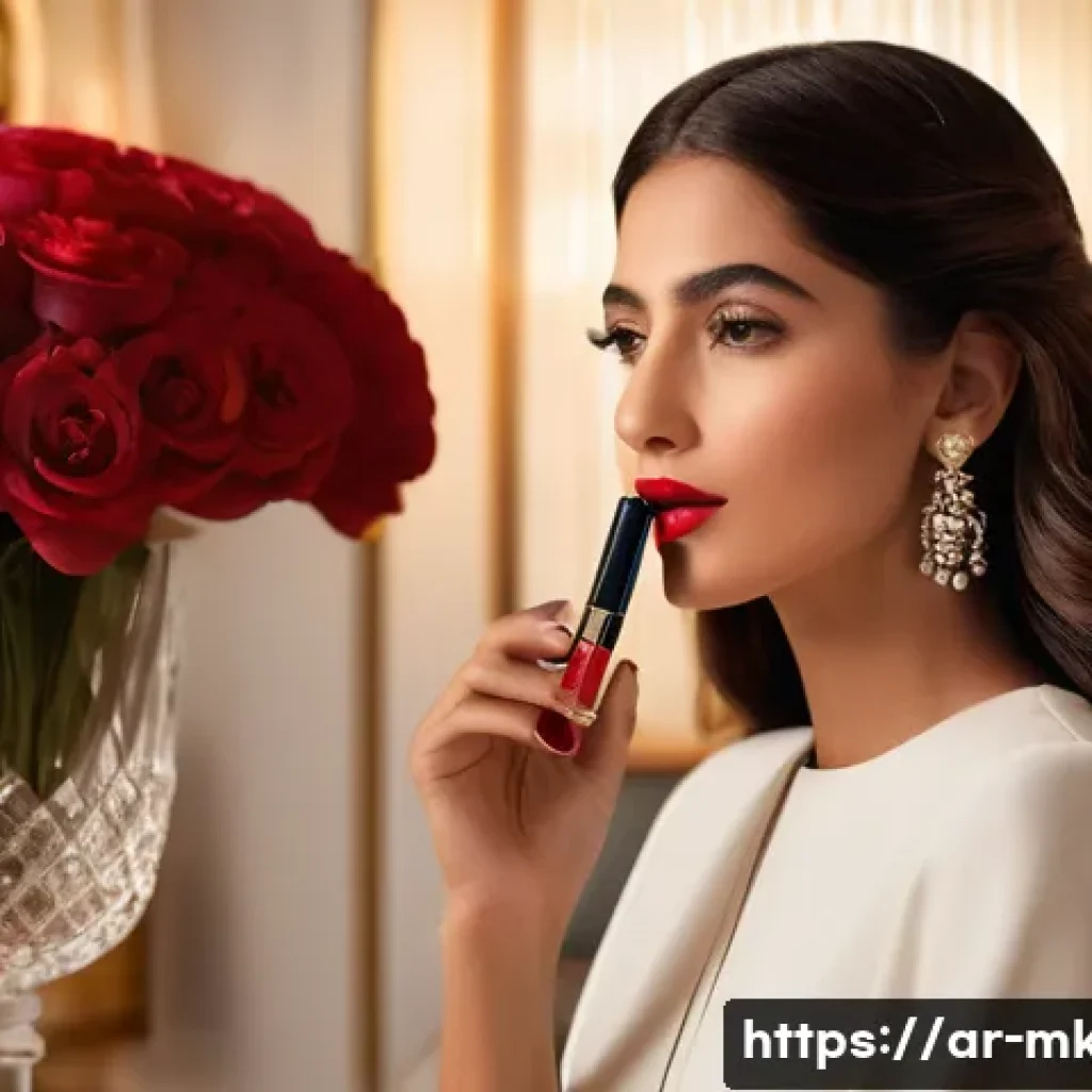 샤넬 레드 립스틱 컬렉션 비교 - A sophisticated portrait of an Arab woman in elegant evening attire, applying Chanel Rouge Coco Flas...