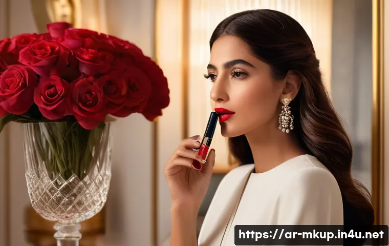 샤넬 레드 립스틱 컬렉션 비교 - A sophisticated portrait of an Arab woman in elegant evening attire, applying Chanel Rouge Coco Flas...
