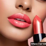 Home 22 새틴 립스틱과 매트 립스틱 비교 - A close-up portrait of an elegant Arab woman applying satin finish lipstick in soft coral-pink shade...