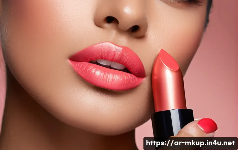 새틴 립스틱과 매트 립스틱 비교 - A close-up portrait of an elegant Arab woman applying satin finish lipstick in soft coral-pink shade...