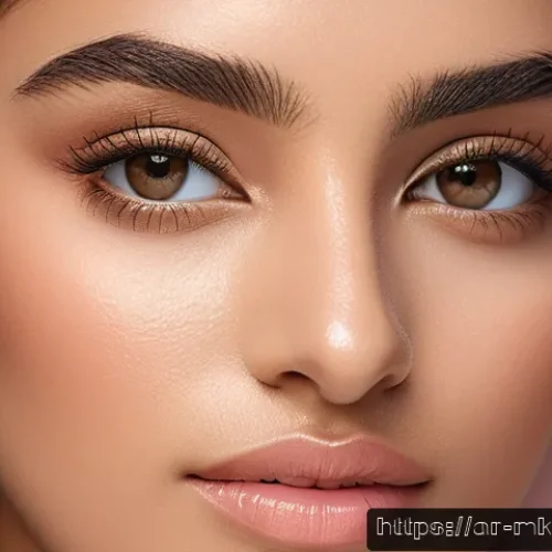 Home 33 데일리룩 메이크업 팁 - A close-up portrait of a young Arab woman with flawless, matte skin wearing light, natural makeup su...