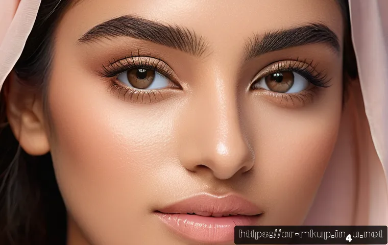 데일리룩 메이크업 팁 - A close-up portrait of a young Arab woman with flawless, matte skin wearing light, natural makeup su...
