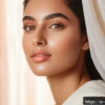 Home 20 바캉스 메이크업 필수템 - A radiant Middle Eastern woman with flawless, natural summer makeup, wearing light breathable clothi...