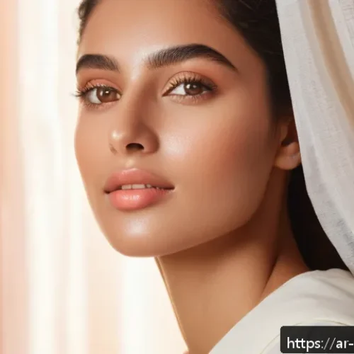 Home 32 바캉스 메이크업 필수템 - A radiant Middle Eastern woman with flawless, natural summer makeup, wearing light breathable clothi...