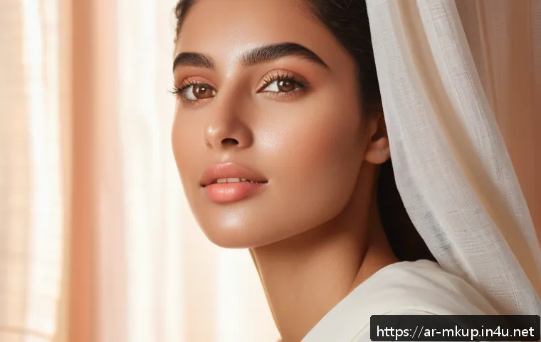 바캉스 메이크업 필수템 - A radiant Middle Eastern woman with flawless, natural summer makeup, wearing light breathable clothi...