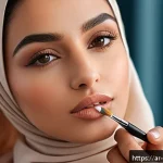 Home 19 크리미 텍스처 립스틱 추천 - A close-up portrait of an elegant Arab woman with medium skin tone, applying creamy peachy nude lips...