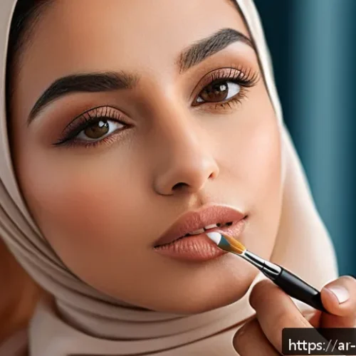 Home 31 크리미 텍스처 립스틱 추천 - A close-up portrait of an elegant Arab woman with medium skin tone, applying creamy peachy nude lips...