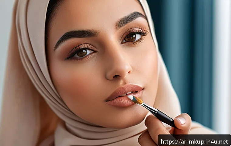 크리미 텍스처 립스틱 추천 - A close-up portrait of an elegant Arab woman with medium skin tone, applying creamy peachy nude lips...