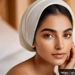 Home 18 다크서클 완화용 아이크림과 컨실러 추천 - A close-up portrait of an elegant Middle Eastern woman in her late 20s with flawless glowing skin, g...