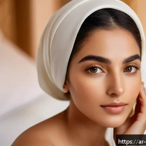 Home 30 다크서클 완화용 아이크림과 컨실러 추천 - A close-up portrait of an elegant Middle Eastern woman in her late 20s with flawless glowing skin, g...