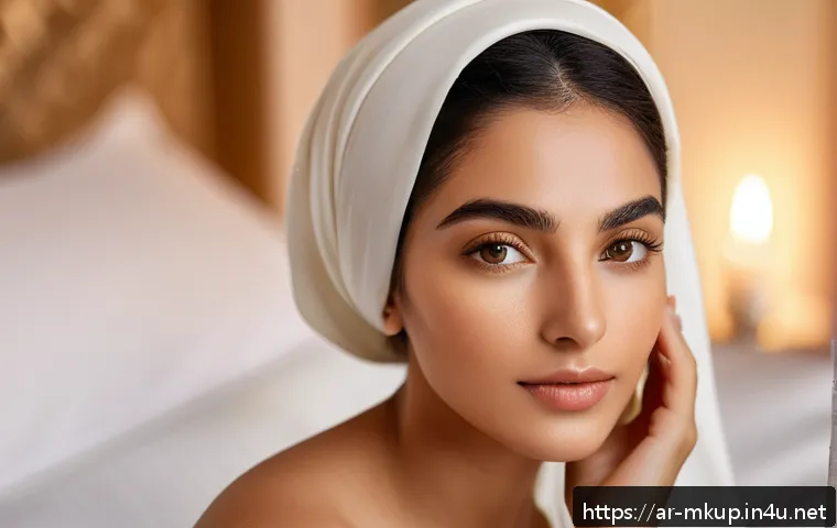 다크서클 완화용 아이크림과 컨실러 추천 - A close-up portrait of an elegant Middle Eastern woman in her late 20s with flawless glowing skin, g...