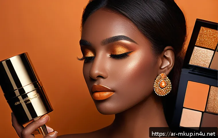 멀티 팔레트로 완성하는 메이크업 - A sophisticated makeup palette display featuring warm tones of orange and gold designed for medium t...