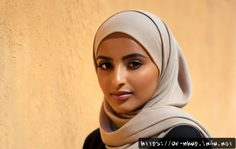 메이크업 픽서 지속력 테스트 - Photorealistic beauty test scene, modest Arab woman wearing a neatly draped neutral-toned hijab, clo...